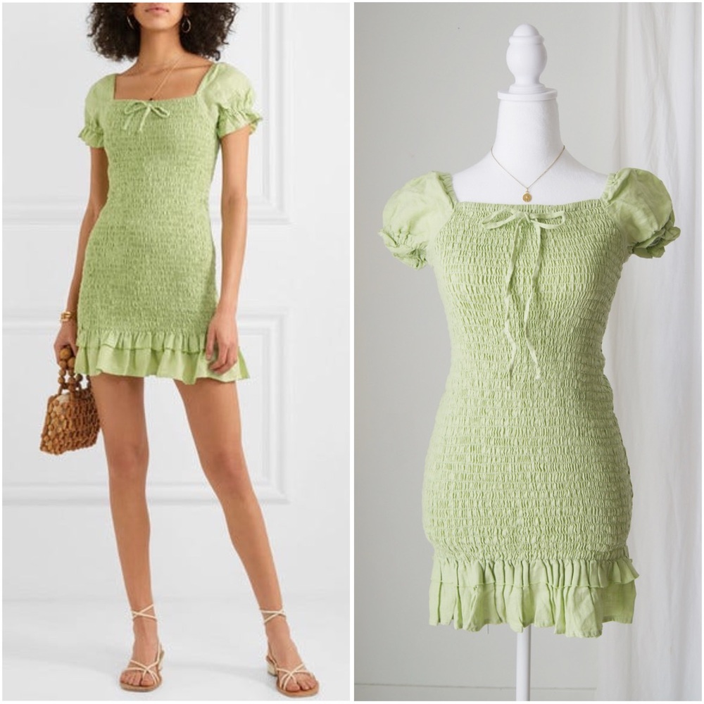 Faithfull the Brand LINEN Lime Green Mini Dress - US 4